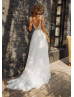 Beaded Light Grey Lace Tulle Deep V Back Wedding Dress